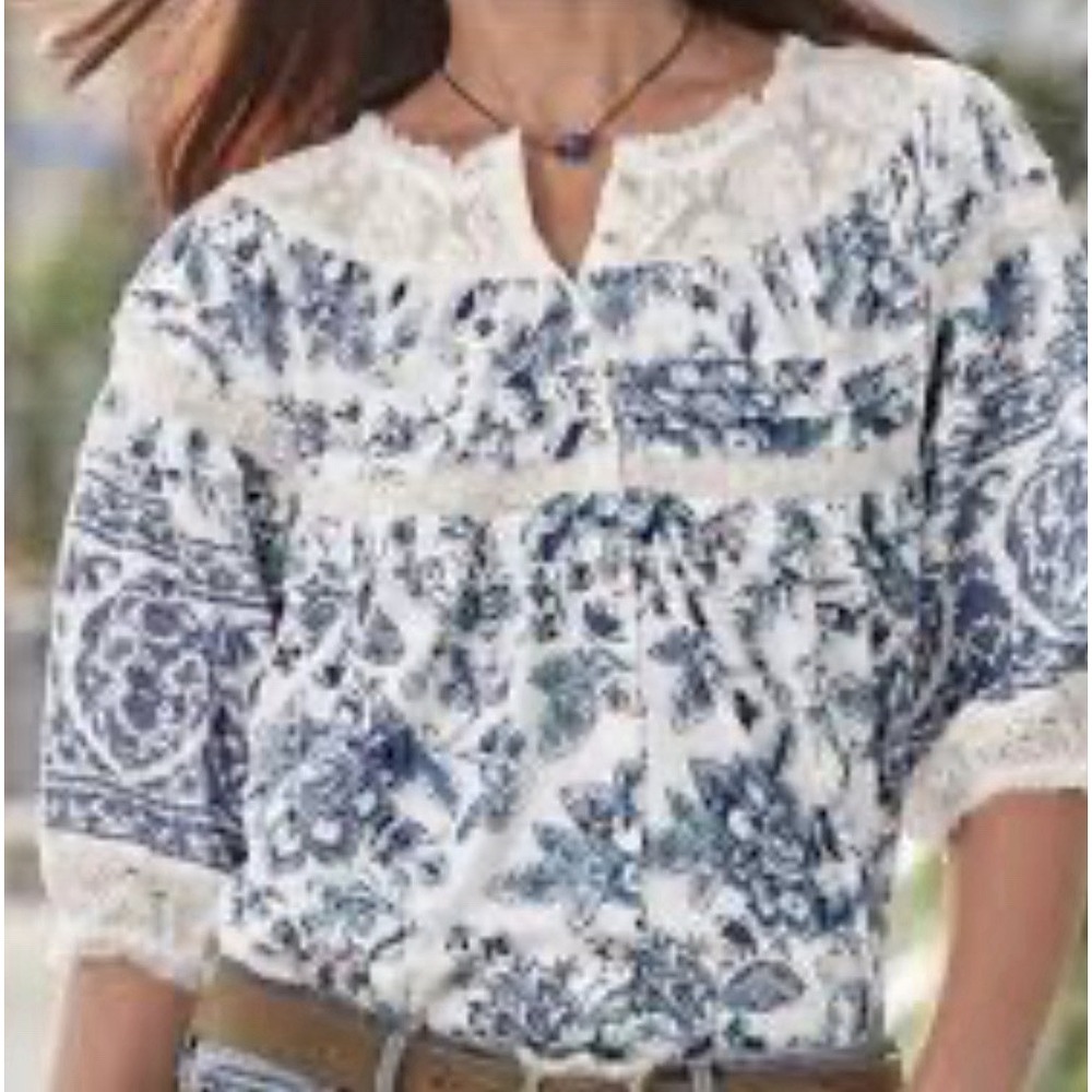 Sundance Top Womens M Blue Floral Lace Cottagecore Puff Sleeve Button Up